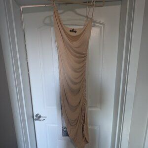 JLUXLABEL Gold Shimmer Ruched Maxi Dress — NWT (Size L)